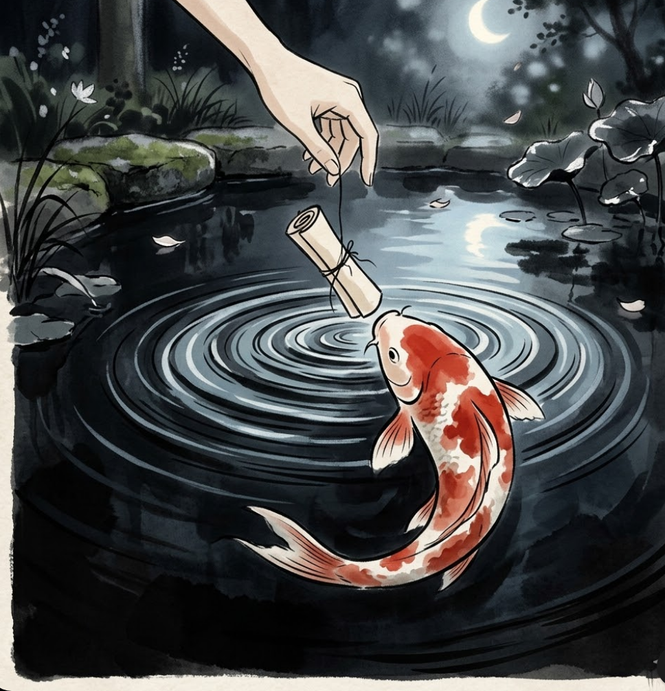 Illustration of a hand lowering a small sealed scroll into water at night while a koi waits below.
