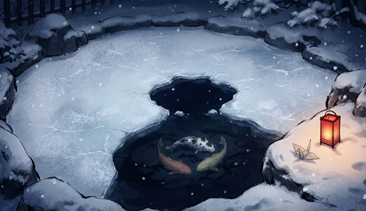 Winter scene of a frozen pond with koi visible beneath thin ice and a glowing red paper lantern on the stone edge.