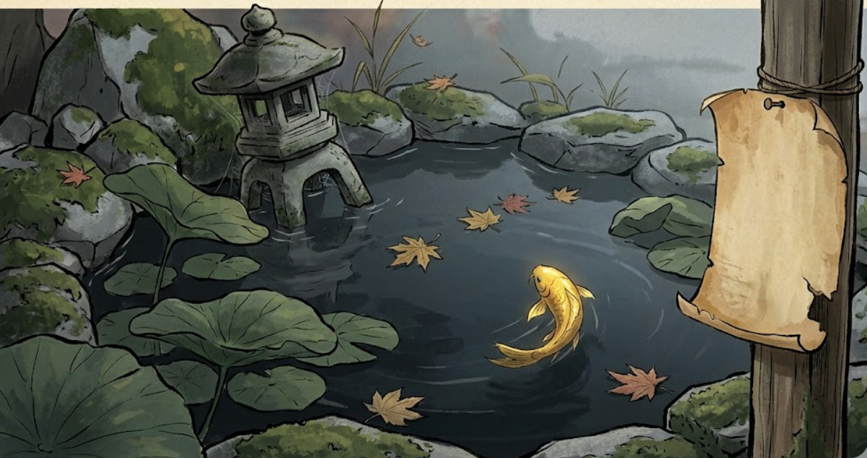 Quiet pond scene with moss-covered stones, fallen leaves on the surface, and a single gold koi.