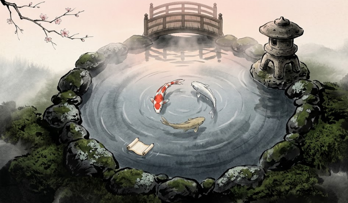 Game screenshot of a stylized koi pond at dawn with soft morning light reflecting on the water.
