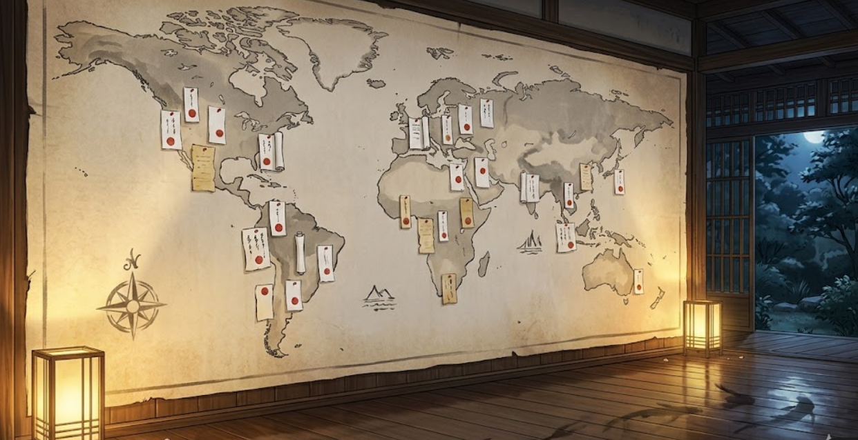 A stylized world map covered with pinned messages and short poems forming a memory wall.