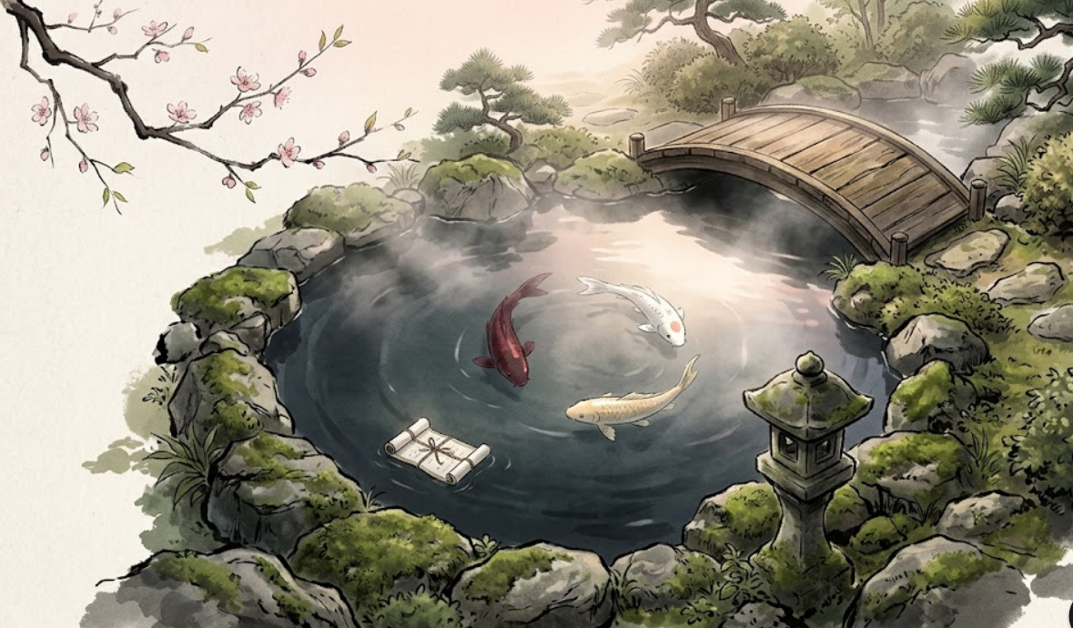 Hero illustration showing two koi swimming through dark water with a connecting current between them.